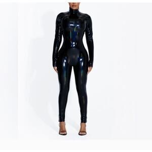 Naked Wardrobe The Vinyl Turtleneck Jumpsuit  in Black Womens Sz XL Long sleeve